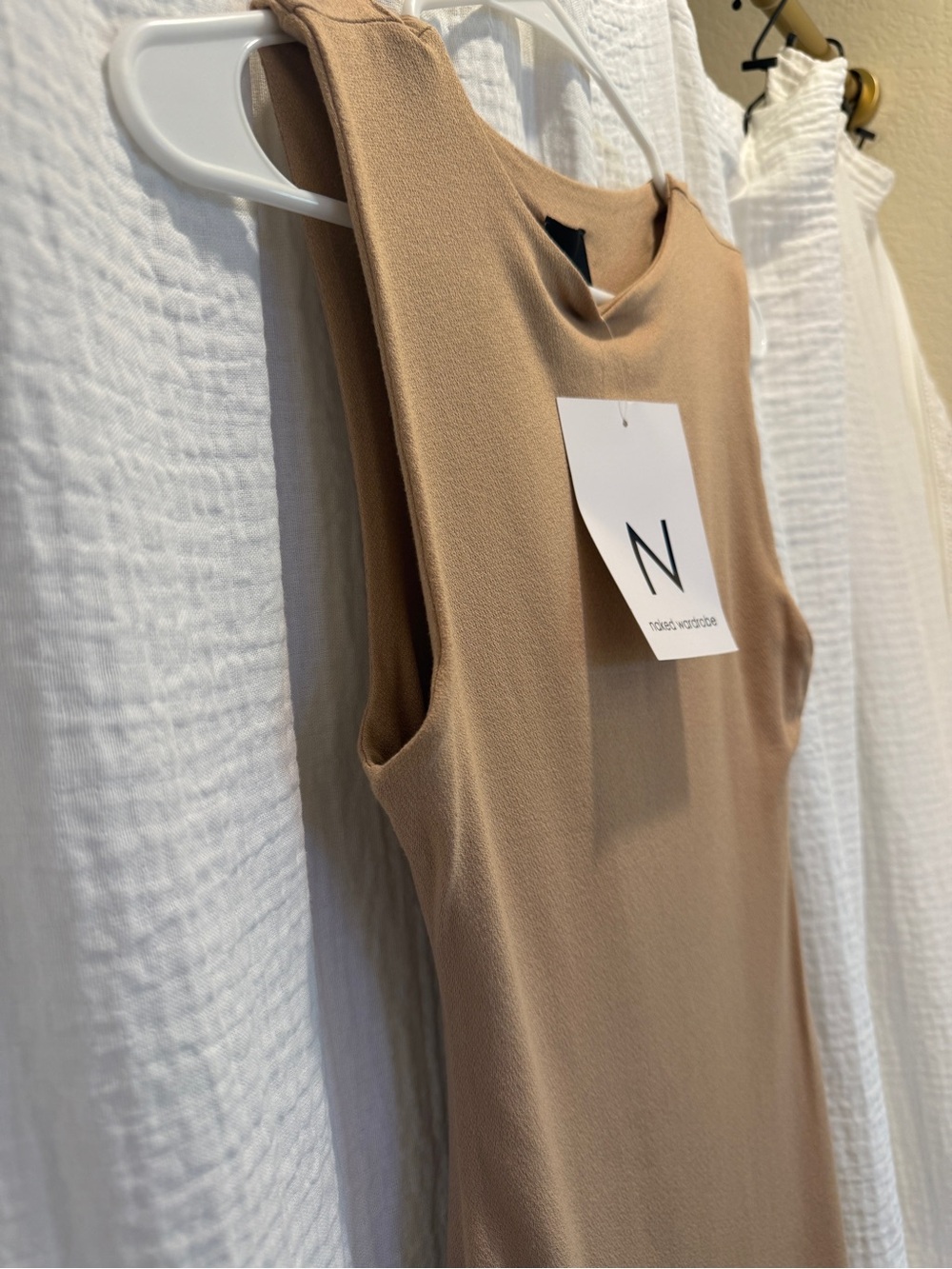 Naked Wardrobe NWT Sleeveless Bodycon Mini Dress Neutral Tan Beige - Picture 3 of 5